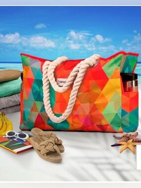 Large Colorful Geometric Rope-Handle Tote for Beach/Pool